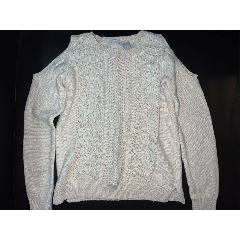 PLACE Girls 7/8 Cream Metallic Glitter‎ Knit Cold Shoulder Pullover Sweater